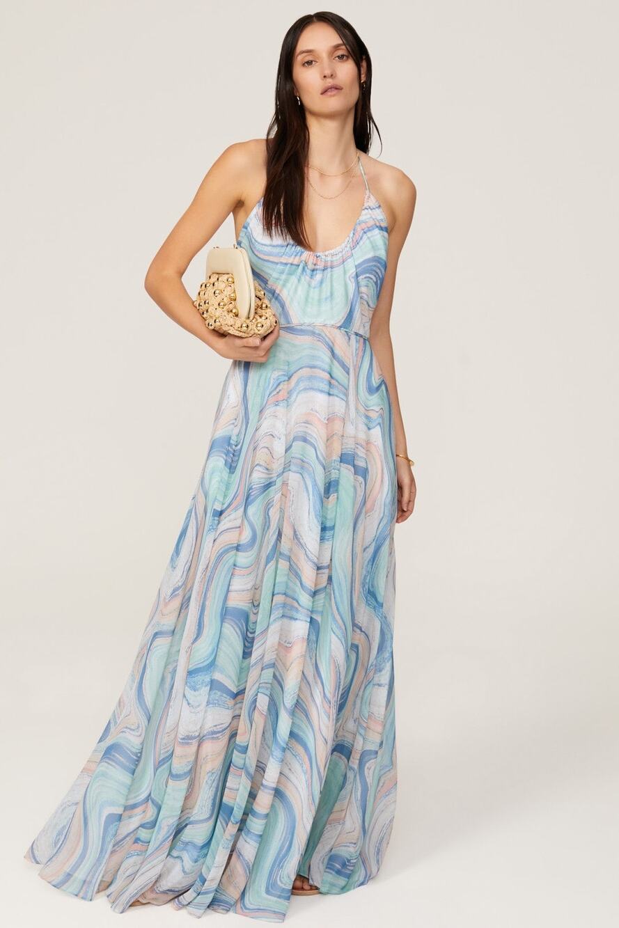LIV FOSTER Blue Orange Abstract Watercolor Wave Pattern Halter Neck Maxi Size 6
